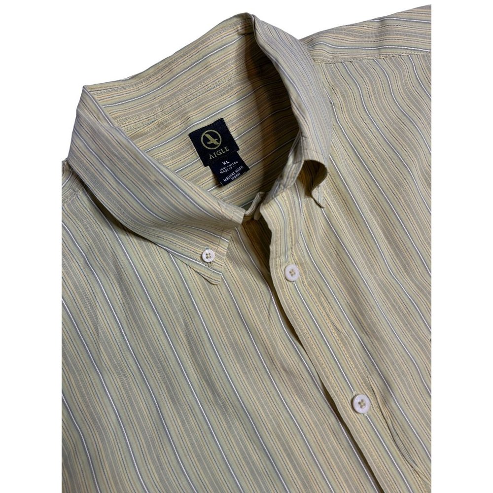 Aigle Mens XL Yellow Green Cotton‎ Button Down Short Sleeve Shirt